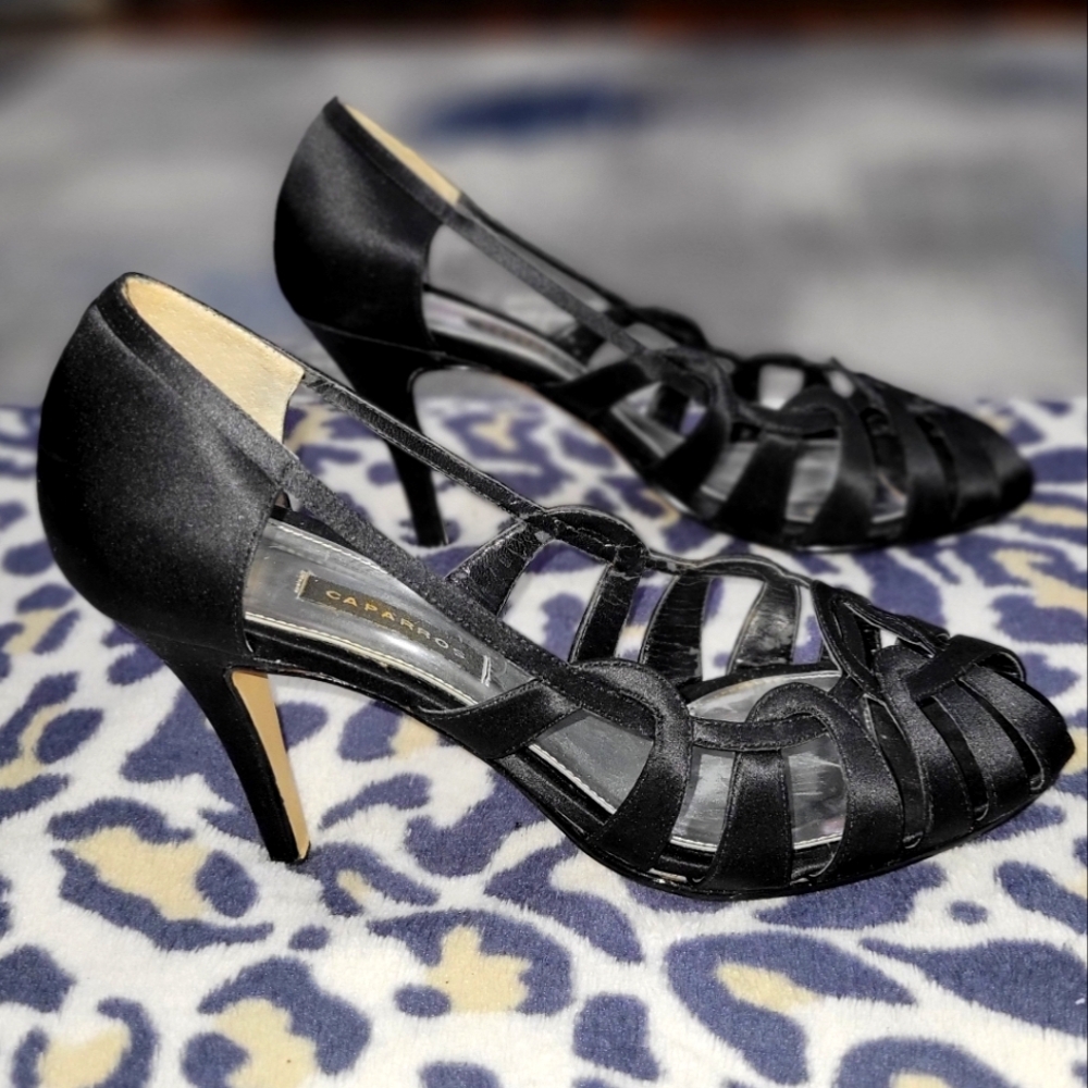Caparros black satin like stiletto Dress Cocktail Party heels- Size 9